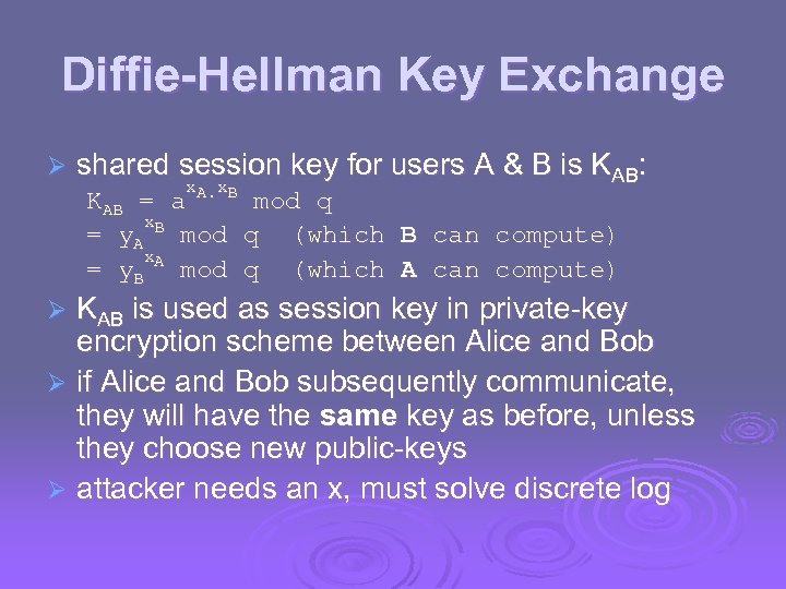 Diffie-Hellman Key Exchange Ø shared session key for users A & B is KAB: