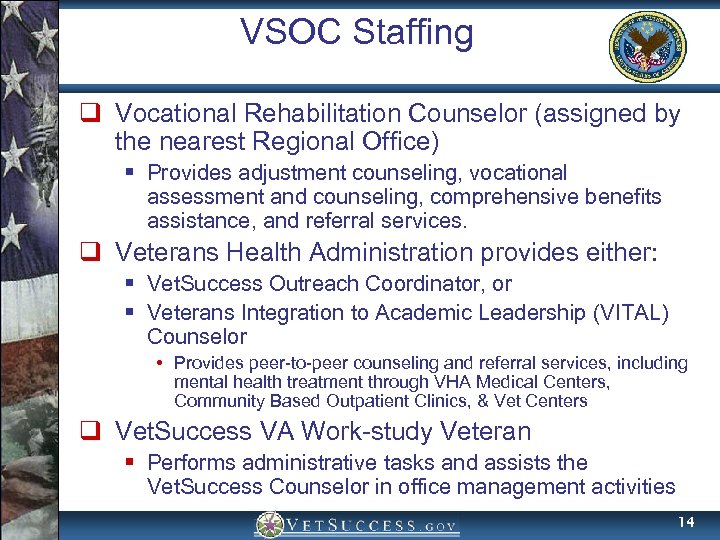VSOC Staffing q Vocational Rehabilitation Counselor (assigned by the nearest Regional Office) § Provides