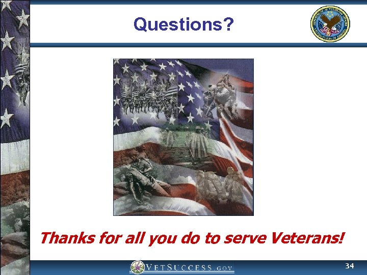Questions? Thanks for all you do to serve Veterans! 34 