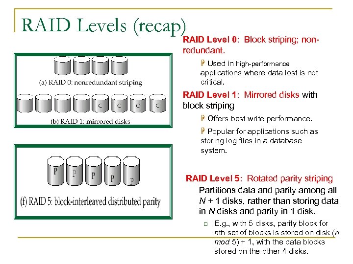 RAID Levels (recap) RAID Level 0: Block striping; nonredundant. H Used in high-performance applications