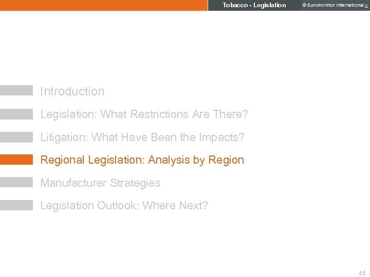 Tobacco - Legislation © Euromonitor International > Introduction Legislation: What Restrictions Are There? Litigation: