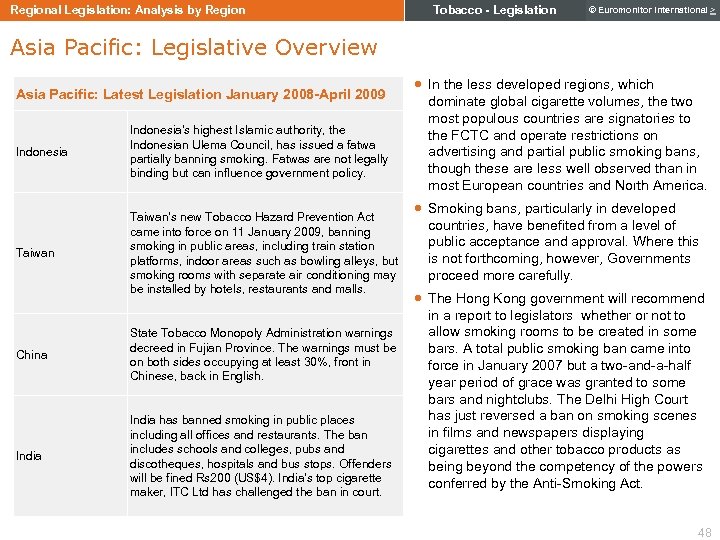 Regional Legislation: Analysis by Region Tobacco - Legislation © Euromonitor International > Asia Pacific: