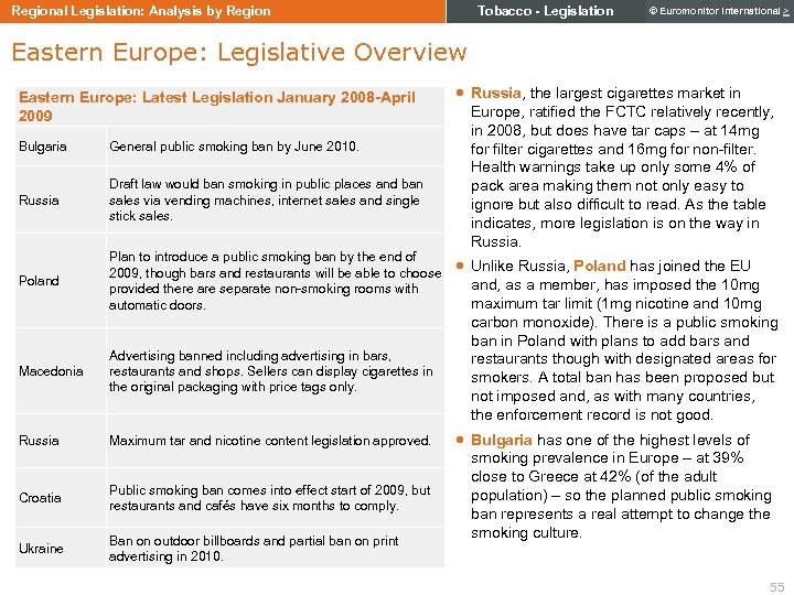 Tobacco - Legislation Regional Legislation: Analysis by Region © Euromonitor International > Eastern Europe: