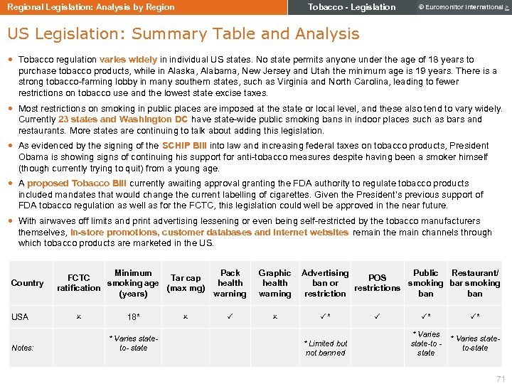 Tobacco - Legislation Regional Legislation: Analysis by Region © Euromonitor International > US Legislation: