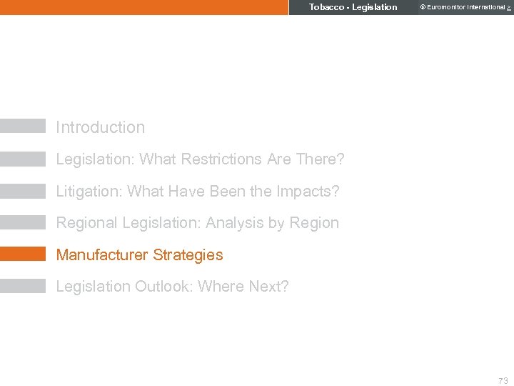 Tobacco - Legislation © Euromonitor International > Introduction Legislation: What Restrictions Are There? Litigation:
