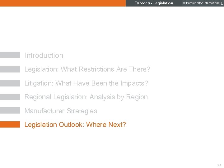 Tobacco - Legislation © Euromonitor International > Introduction Legislation: What Restrictions Are There? Litigation: