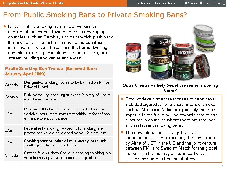 Legislation Outlook: Where Next? Tobacco - Legislation © Euromonitor International > From Public Smoking