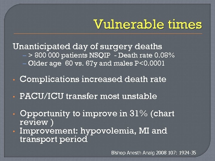 Vulnerable times Unanticipated day of surgery deaths – > 800 000 patients NSQIP -