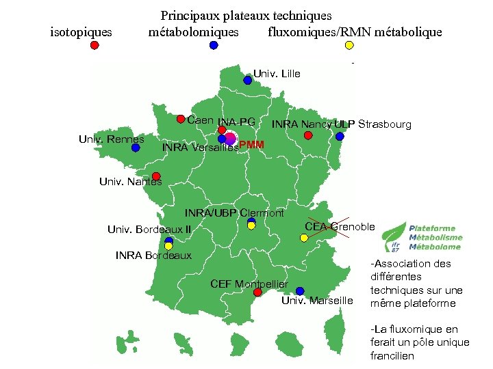 Principaux plateaux techniques métabolomiques fluxomiques/RMN métabolique isotopiques Univ. Lille Caen INA-PG Univ. Rennes INRA