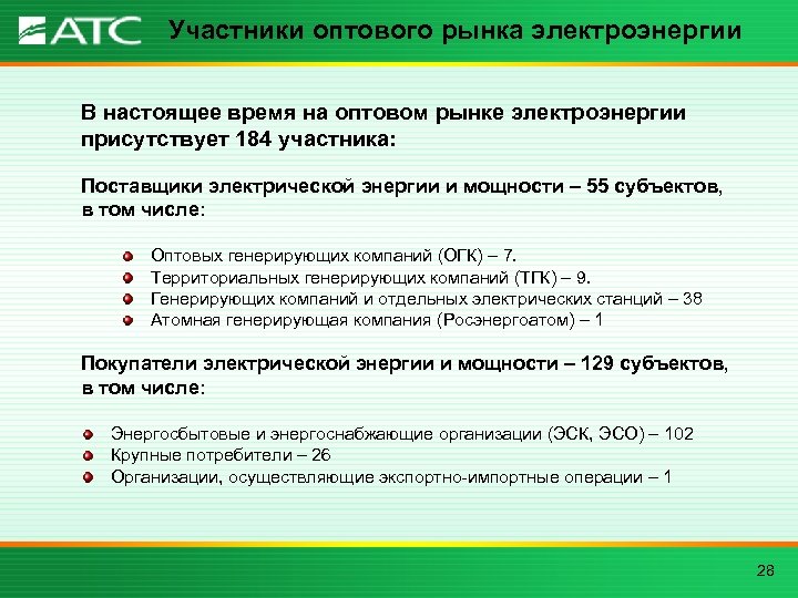 Участники оптового рынка электроэнергии В настоящее время на оптовом рынке электроэнергии присутствует 184 участника: