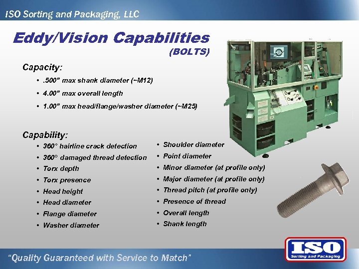 ISO Sorting and Packaging, LLC Eddy/Vision Capabilities (BOLTS) Capacity: • . 500