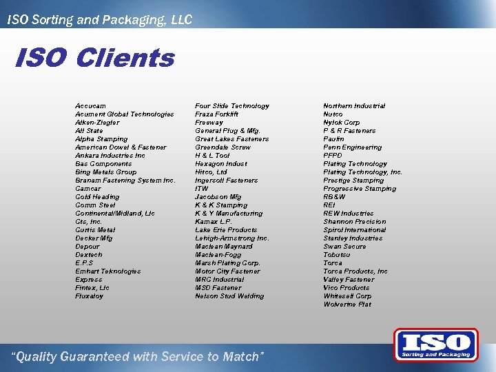 ISO Sorting and Packaging, LLC ISO Clients Accucam Acument Global Technologies Alken-Ziegler All State