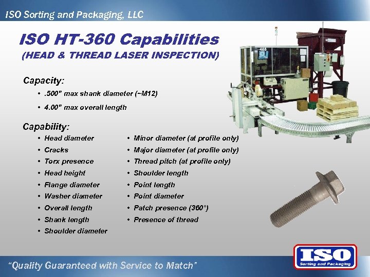 ISO Sorting and Packaging, LLC ISO HT-360 Capabilities (HEAD & THREAD LASER INSPECTION) Capacity: