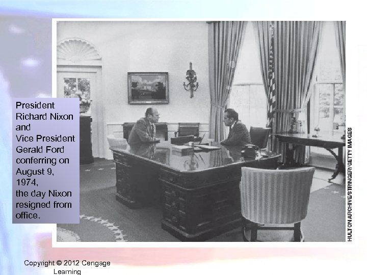 President Richard Nixon and Vice President Gerald Ford conferring on August 9, 1974, the