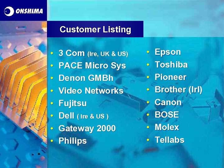 Customer Listing • • 3 Com (Ire, UK & US) PACE Micro Sys Denon