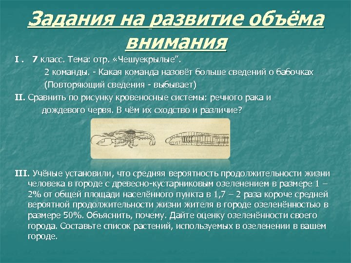 Задания на развитие объёма внимания I. 7 класс. Тема: отр. «Чешуекрылые”. 2 команды. -