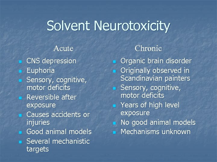 Solvent Neurotoxicity Acute n n n n CNS depression Euphoria Sensory, cognitive, motor deficits