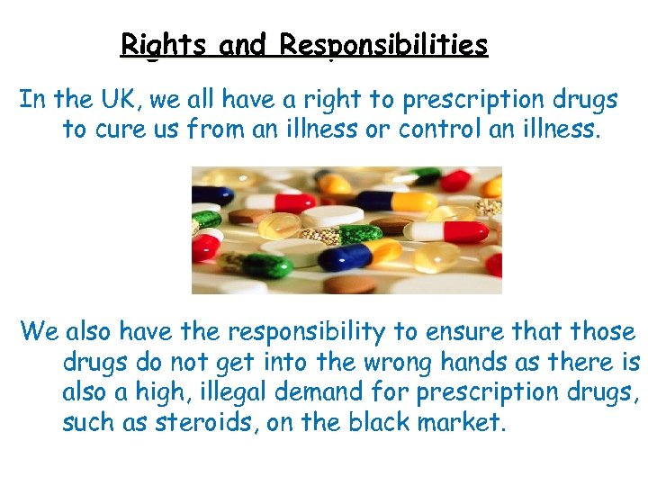 Rights and Responsibilities In the UK, we all have a right to prescription drugs