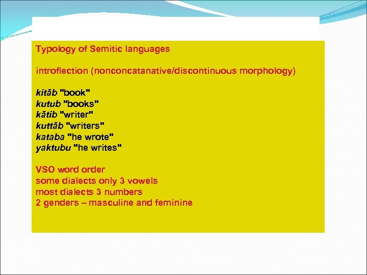 Typology of Semitic languages introflection (nonconcatanative/discontinuous morphology) kitāb 