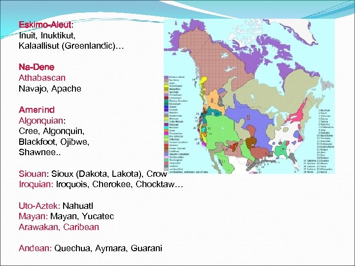 Eskimo-Aleut: Inuit, Inuktikut, Kalaallisut (Greenlandic)… Na-Dene Athabascan Navajo, Apache Amerind Algonquian: Cree, Algonquin, Blackfoot,
