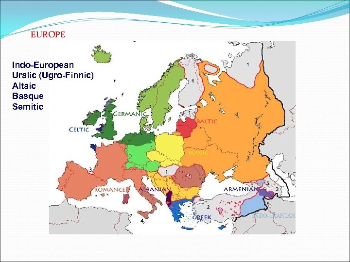 EUROPE Indo-European Uralic (Ugro-Finnic) Altaic Basque Semitic 