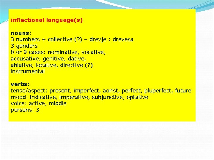 inflectional language(s) nouns: 3 numbers + collective (? ) – drevje : drevesa 3
