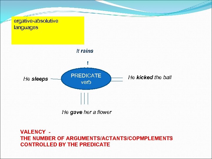 ergative-absolutive languages It rains He sleeps PREDICATE verb He kicked the ball He gave
