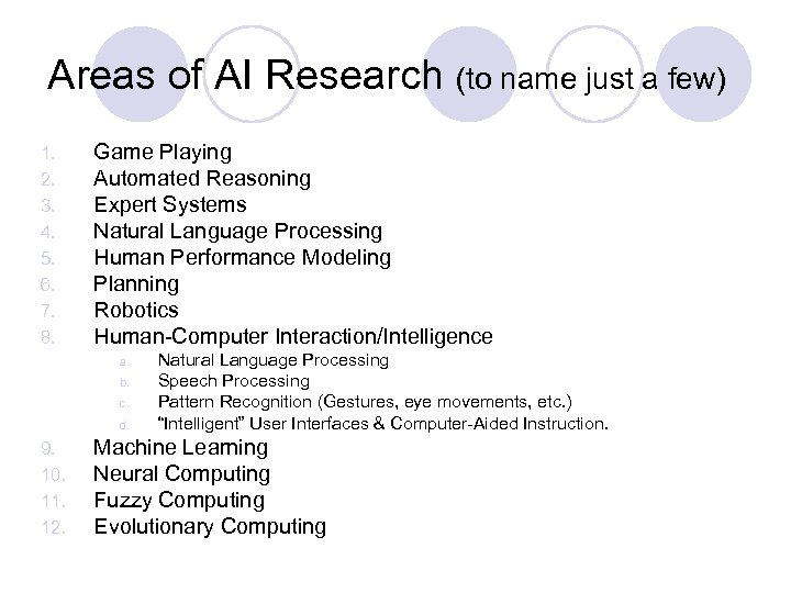 Areas of AI Research (to name just a few) 1. 2. 3. 4. 5.