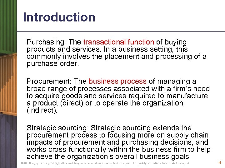 Introduction Purchasing: The transactional function of buying products and services. In a business setting,