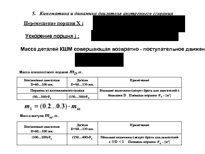 5. Кинематика и динамика двигателя внутреннего сгорания Перемещение поршня Х : Ускорение поршня j