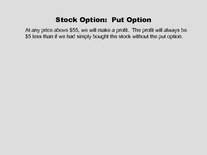 Stock Option: Put Option At any price above $55, we will make a profit.