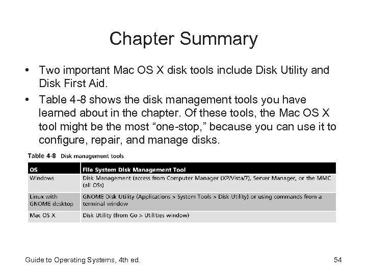 Chapter Summary • Two important Mac OS X disk tools include Disk Utility and