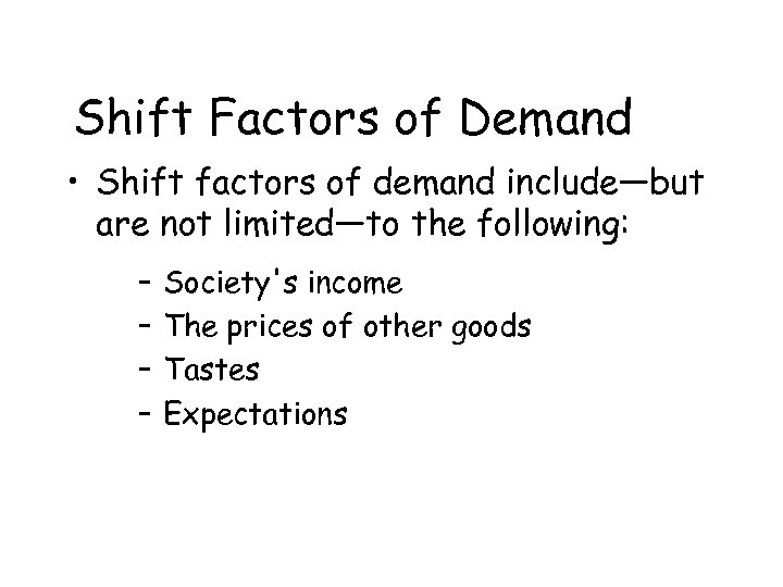 Shift Factors of Demand • Shift factors of demand include—but are not limited—to the