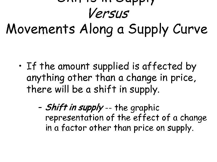 Shifts in Supply Versus Movements Along a Supply Curve • If the amount supplied