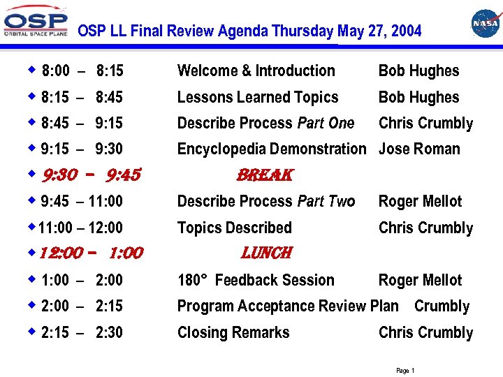 OSP LL Final Review Agenda Thursday May 27, 2004 w 8: 00 – 8: