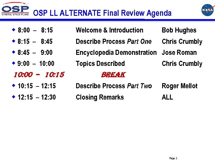 OSP LL ALTERNATE Final Review Agenda w 8: 00 w 8: 15 w 8: