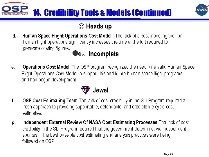 14. Credibility Tools & Models (Continued) ☺Heads up d. Human Space Flight Operations Cost