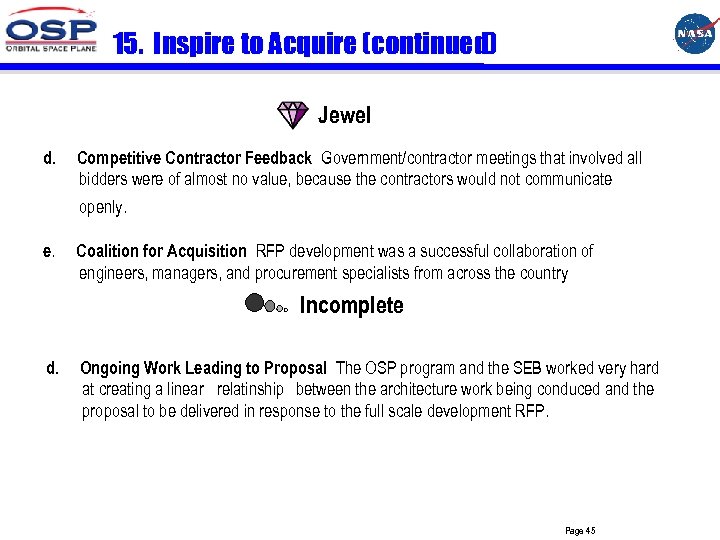 15. Inspire to Acquire (continued) Jewel d. Competitive Contractor Feedback Government/contractor meetings that involved