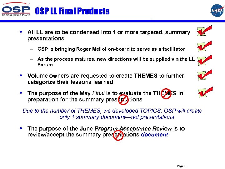 OSP LL Final Products w All LL are to be condensed into 1 or