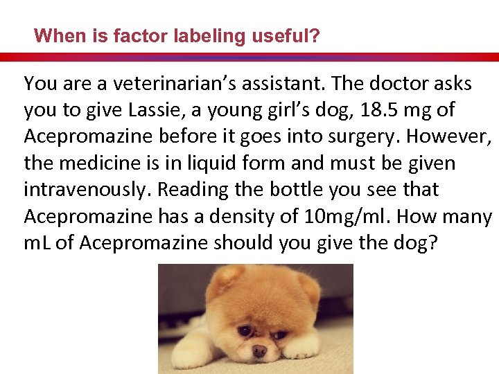 When is factor labeling useful? You are a veterinarian’s assistant. The doctor asks you