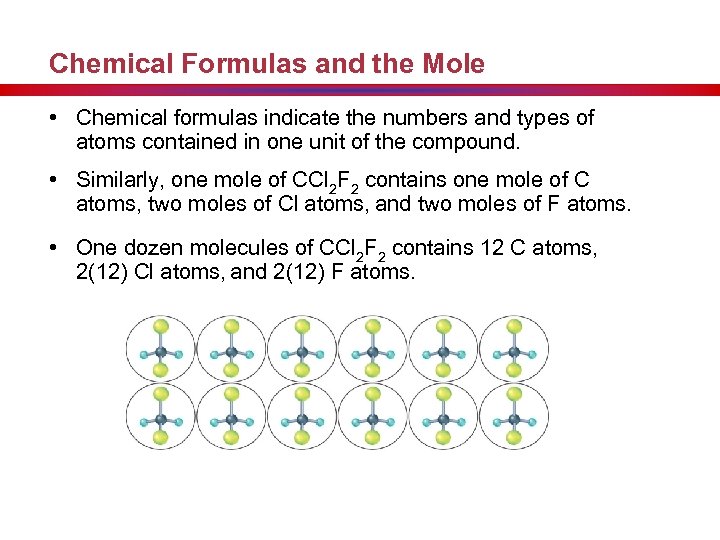 Chemical Formulas and the Mole • Chemical formulas indicate the numbers and types of