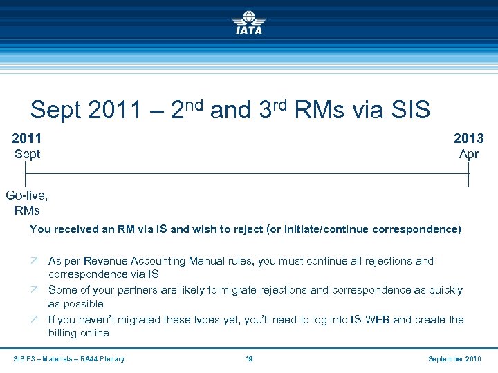 Sept 2011 – 2 nd and 3 rd RMs via SIS 2011 2013 Sept