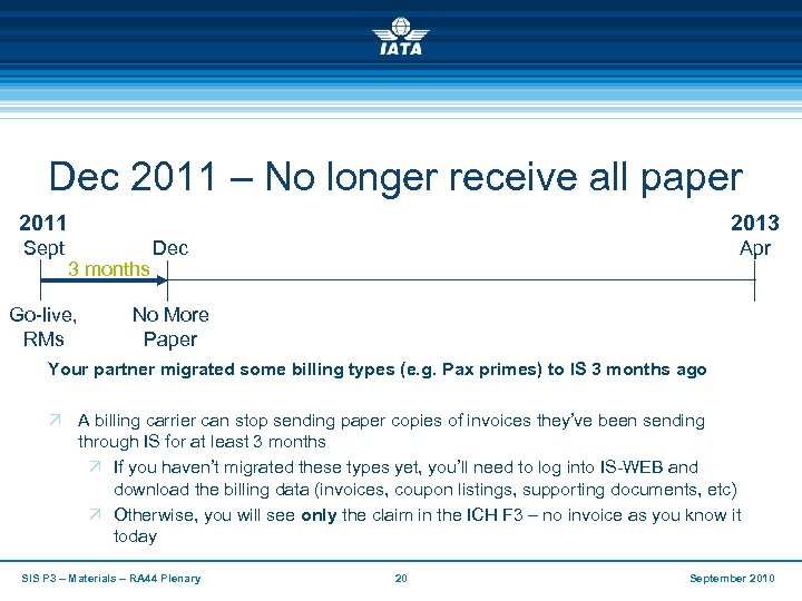 Dec 2011 – No longer receive all paper 2011 Sept 2013 3 months Go-live,