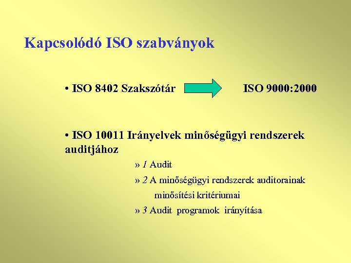 Kapcsolódó ISO szabványok • ISO 8402 Szakszótár ISO 9000: 2000 • ISO 10011 Irányelvek