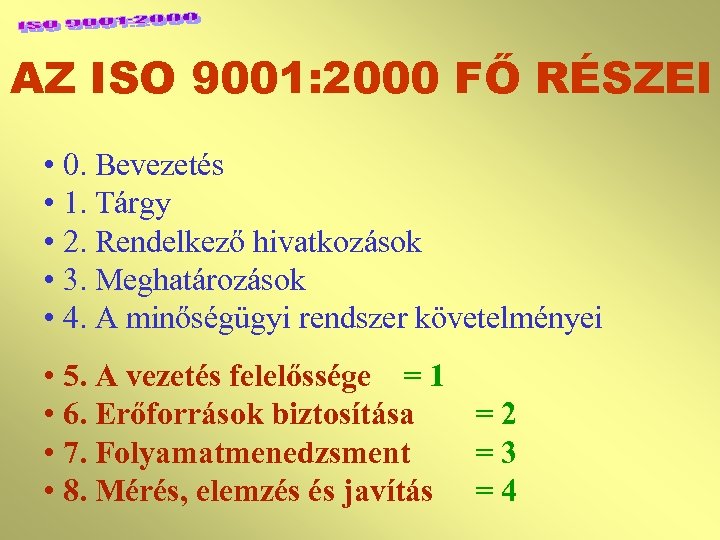 AZ ISO 9001: 2000 FŐ RÉSZEI • 0. Bevezetés • 1. Tárgy • 2.