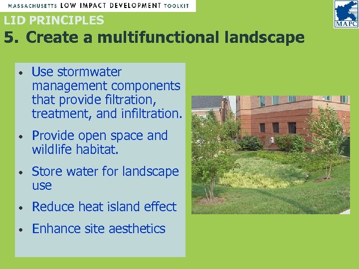 LID PRINCIPLES 5. Create a multifunctional landscape • Use stormwater management components that provide