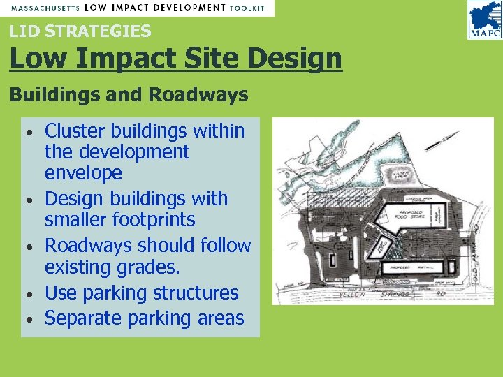 LID STRATEGIES Low Impact Site Design Buildings and Roadways • • • Cluster buildings