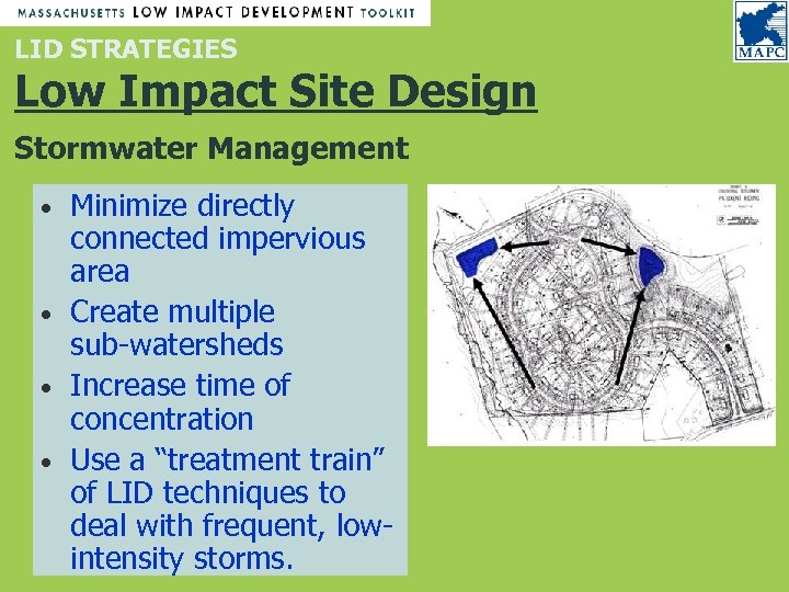 LID STRATEGIES Low Impact Site Design Stormwater Management Minimize directly connected impervious area •