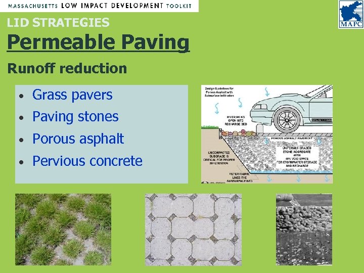 LID STRATEGIES Permeable Paving Runoff reduction • Grass pavers • Paving stones • Porous