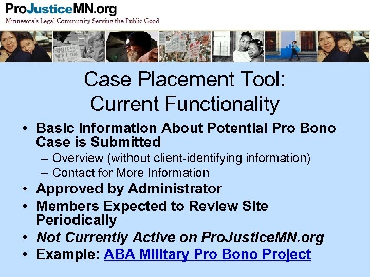 Case Placement Tool: Current Functionality • Basic Information About Potential Pro Bono Case is